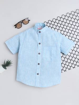 Blue cotton linen half sleeves striped mandarin collar shirt for girls and boys 1