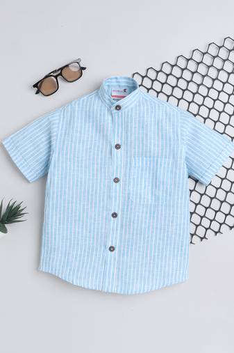 Blue cotton linen half sleeves striped mandarin collar shirt for girls and boys