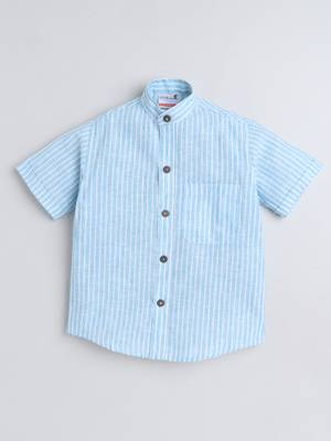 Blue cotton linen half sleeves striped mandarin collar shirt for girls and boys 2