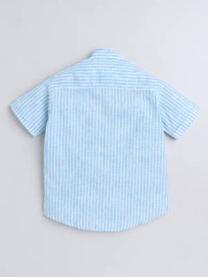 Blue cotton linen half sleeves striped mandarin collar shirt for girls and boys 3