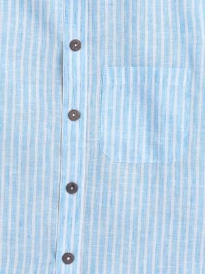 Blue cotton linen half sleeves striped mandarin collar shirt for girls and boys 4