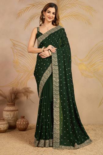 Green Art Silk Embroidery Saree with Unstitched Blouse 