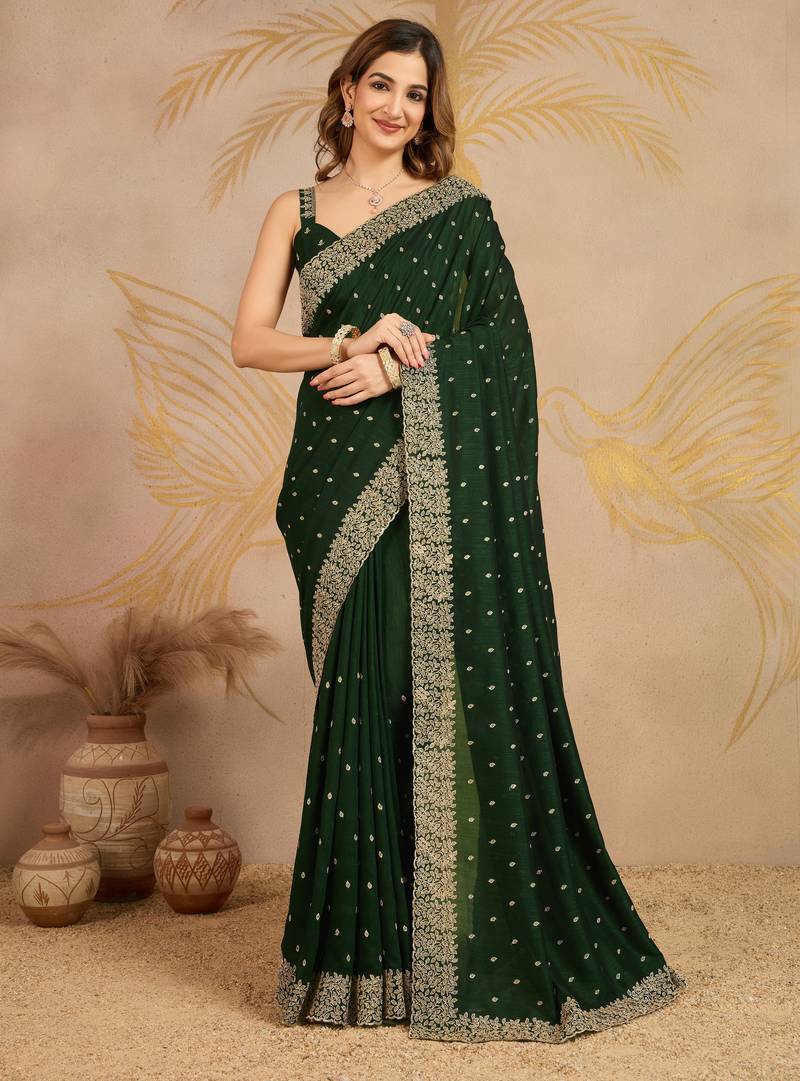 Green Art Silk Embroidery Saree with Unstitched Blouse 