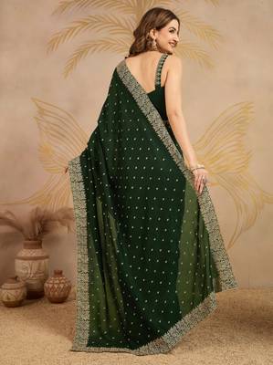 Green Art Silk Embroidery Saree with Unstitched Blouse  2