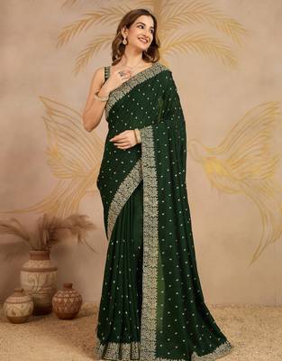 Green Art Silk Embroidery Saree with Unstitched Blouse  3