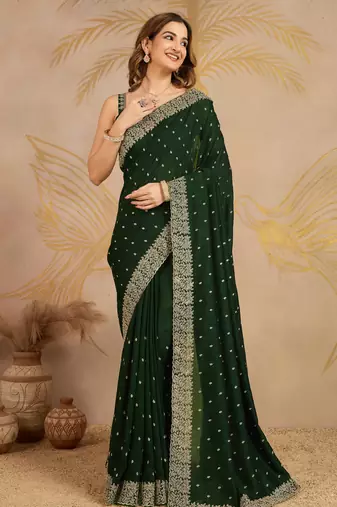 Trendmalls Green Art Silk Embroidery Saree with Unstitched Blouse 
