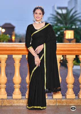Black soft cotton zari border saree with matching blouse piece 1