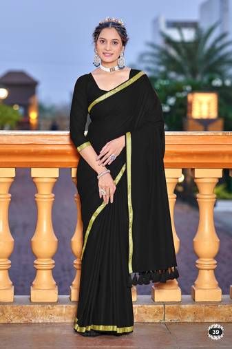 Black soft cotton zari border saree with matching blouse piece