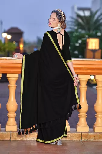Black soft cotton zari border saree with matching blouse piece