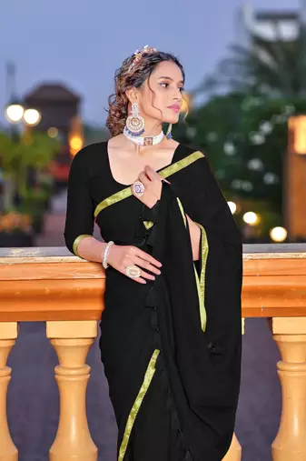 Black soft cotton zari border saree with matching blouse piece