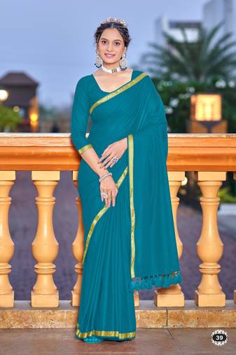 Blue soft cotton zari border saree with matching blouse piece