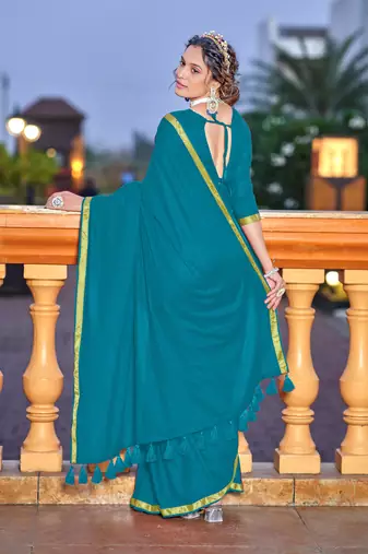 Blue soft cotton zari border saree with matching blouse piece