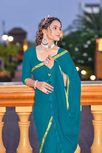 Blue soft cotton zari border saree with matching blouse piece