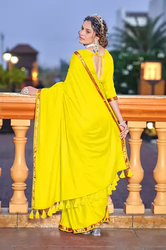 Yellow soft cotton zari border saree with matching blouse piece