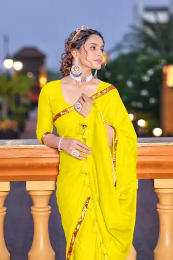 Yellow soft cotton zari border saree with matching blouse piece