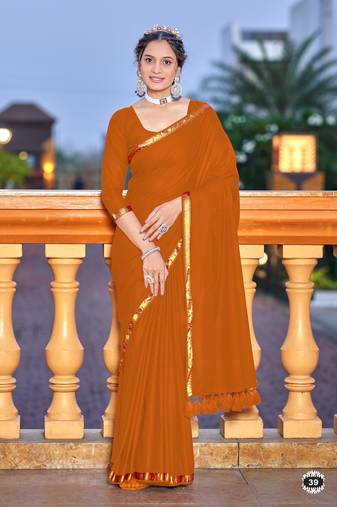 Orange soft cotton zari border saree with matching blouse piece
