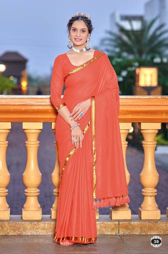 Peach soft cotton zari border saree with matching blouse piece