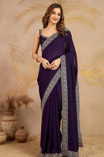 Purple Art Silk Embroidery Saree with Unstitched Blouse