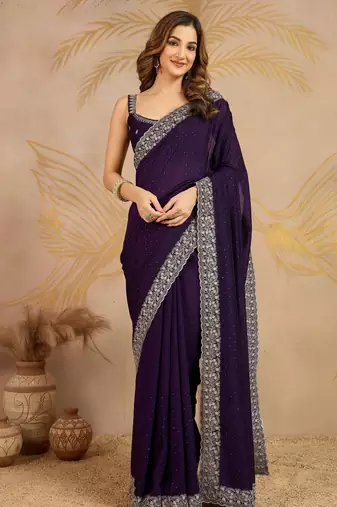 Purple Art Silk Embroidery Saree with Unstitched Blouse