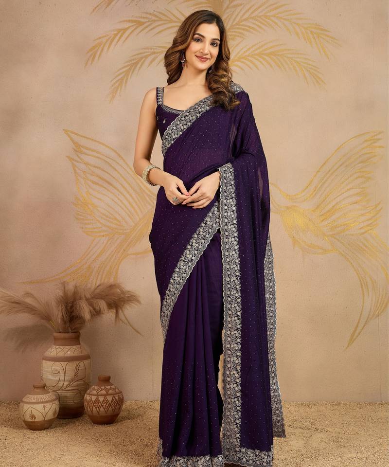 Trendmalls Purple Art Silk Embroidery Saree with Unstitched Blouse