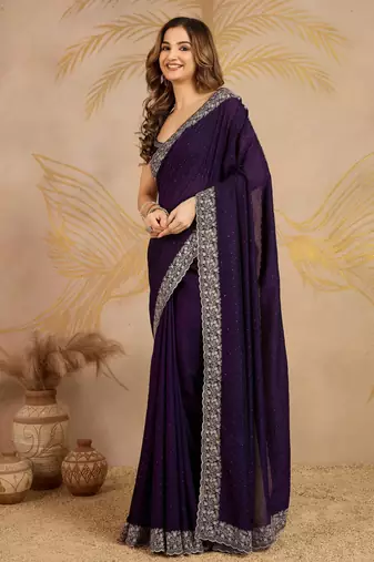 Purple Art Silk Embroidery Saree with Unstitched Blouse