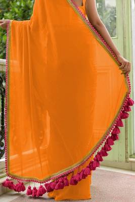 Orange soft cotton solid lace work saree with matching blouse piece 2