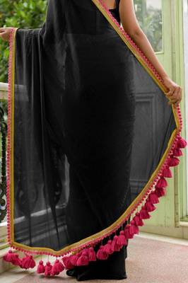 Black soft cotton solid lace work saree with matching blouse piece 2