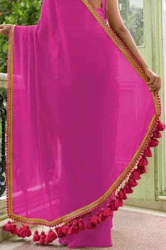 Pink soft cotton solid lace work saree with matching blouse piece