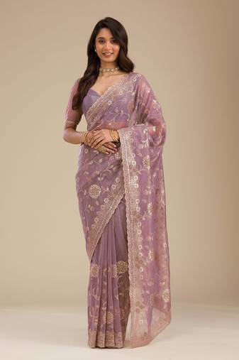 purple Soft Net Embroidery Saree with Unstitched Blouse