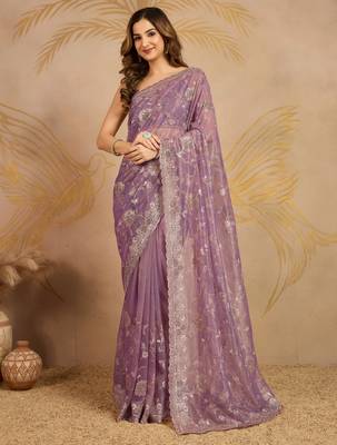 purple Soft Net Embroidery Saree with Unstitched Blouse 1