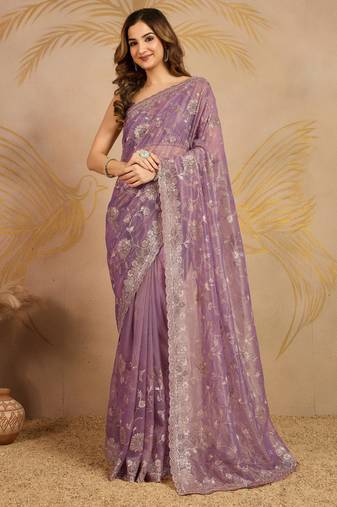 Trendmalls purple Soft Net Embroidery Saree with Unstitched Blouse