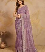 Trendmalls purple Soft Net Embroidery Saree with Unstitched Blouse