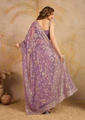 purple Soft Net Embroidery Saree with Unstitched Blouse 2