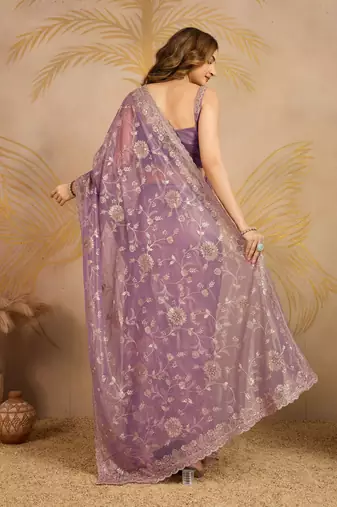 Trendmalls purple Soft Net Embroidery Saree with Unstitched Blouse