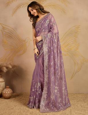 purple Soft Net Embroidery Saree with Unstitched Blouse 3