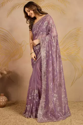 Trendmalls purple Soft Net Embroidery Saree with Unstitched Blouse