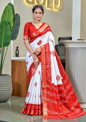 Red soft pure cotton bandhani printed saree with printed blouse piece 1