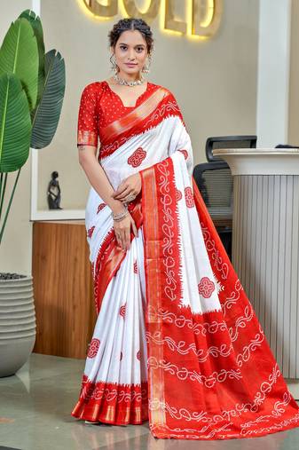 Red soft pure cotton bandhani printed saree with printed blouse piece