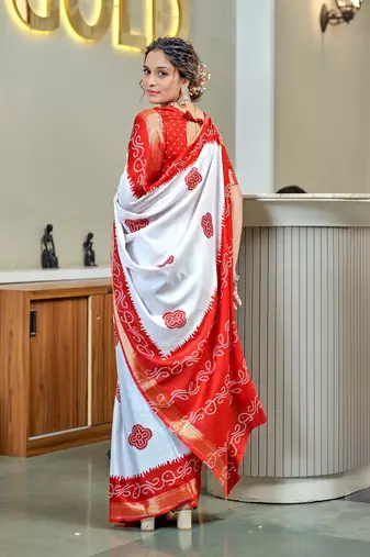 Red soft pure cotton bandhani printed saree with printed blouse piece