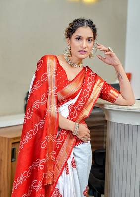 Red soft pure cotton bandhani printed saree with printed blouse piece 3