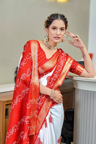 Red soft pure cotton bandhani printed saree with printed blouse piece
