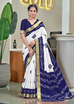 dark blue cotton bandhani printed saree with blouse piece 1