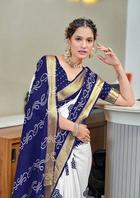 dark blue cotton bandhani printed saree with blouse piece 3