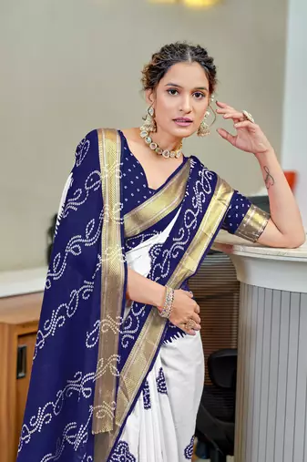 dark blue cotton bandhani printed saree with blouse piece