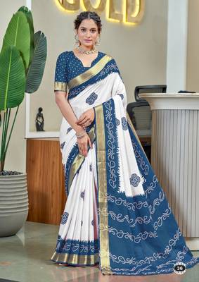 Teal soft pure cotton bandhani printed saree with printed blouse piece 1