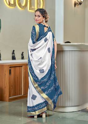 Teal soft pure cotton bandhani printed saree with printed blouse piece 2