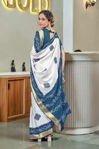 Teal soft pure cotton bandhani printed saree with printed blouse piece