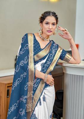 Teal soft pure cotton bandhani printed saree with printed blouse piece 3
