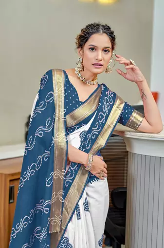 Teal soft pure cotton bandhani printed saree with printed blouse piece