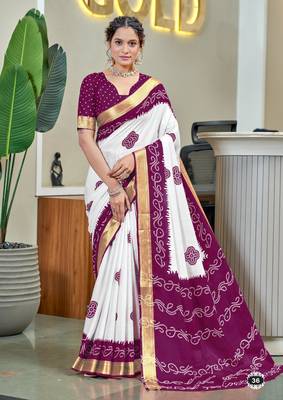 Purple soft pure cotton bandhani printed saree with printed blouse piece 1